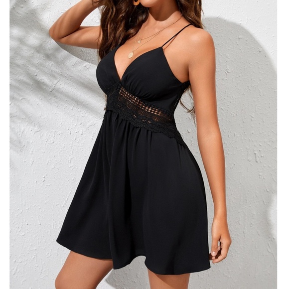 Black Summer Flared Dress Backless Ties Embroidery Detail Short Mini - Picture 4 of 7